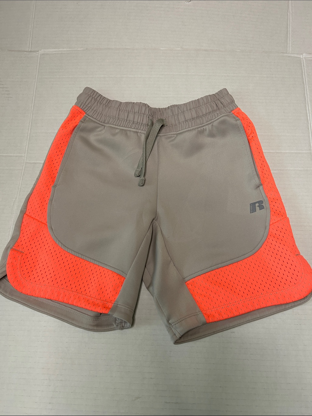 Russell Boys Size M(8) Athletic Shorts - Taupe With Neon Orange Panels